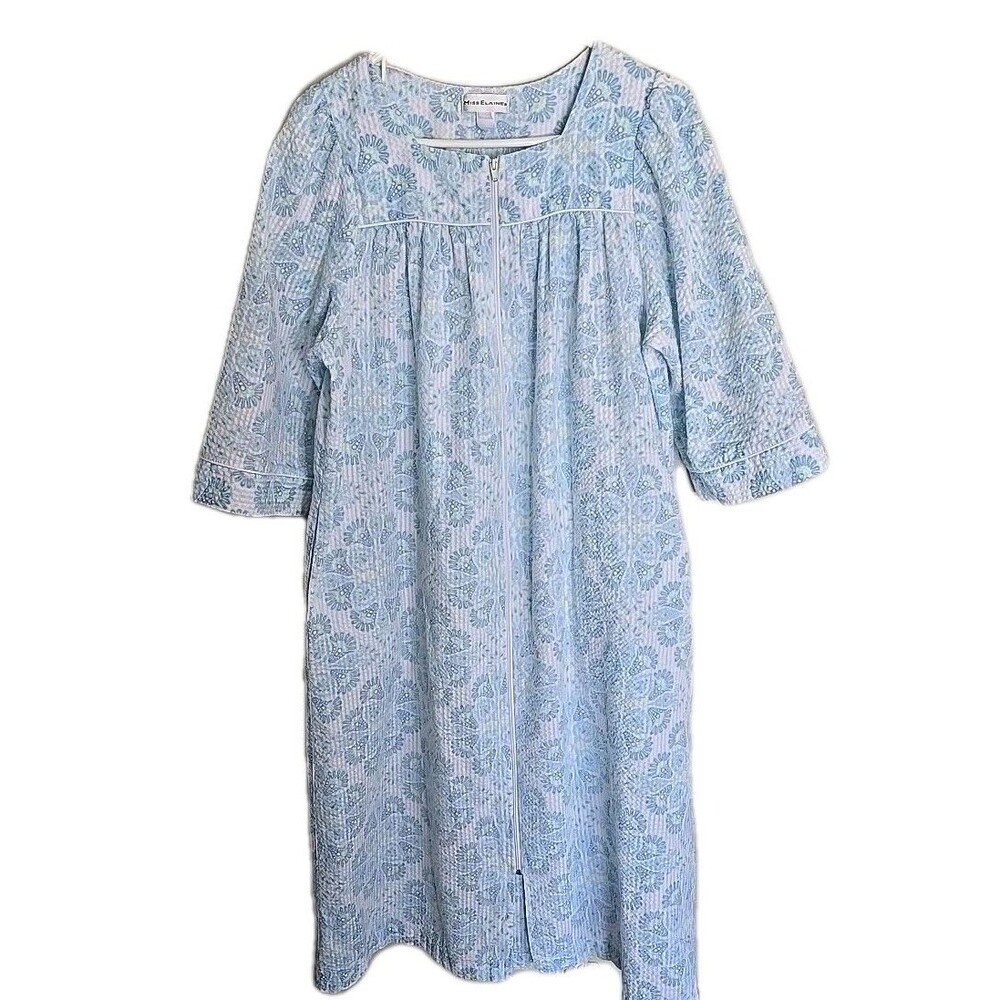 Miss Elaine Seersucker Zip-front Robe Mumu Blue Floral Nightgown Pastel Small